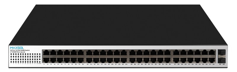 Front view of a Maxsol PS14802SFG 48-port Gigabit PoE switch with two uplink ports