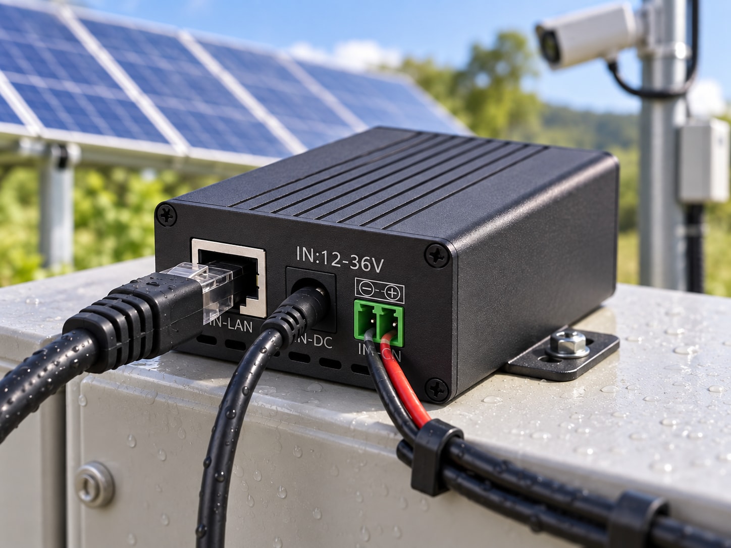 Maxsol POE24V DC-to-PoE converter with Ethernet ports and LCD voltage display