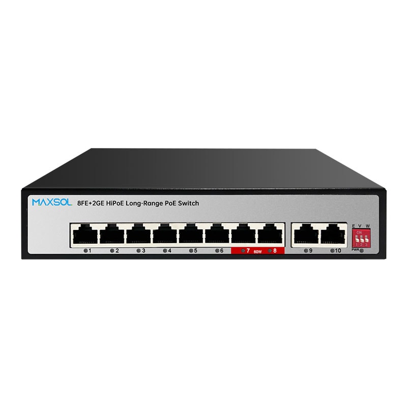 Maxsol PS1802GE long-range PoE switch with eight PoE ports and two Gigabit uplink ports