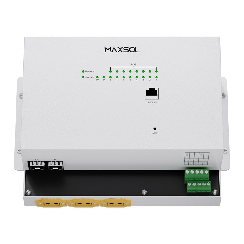 Maxsol IOT2802SFG-S managed solar industrial PoE switch with Ethernet, SFP and power connections