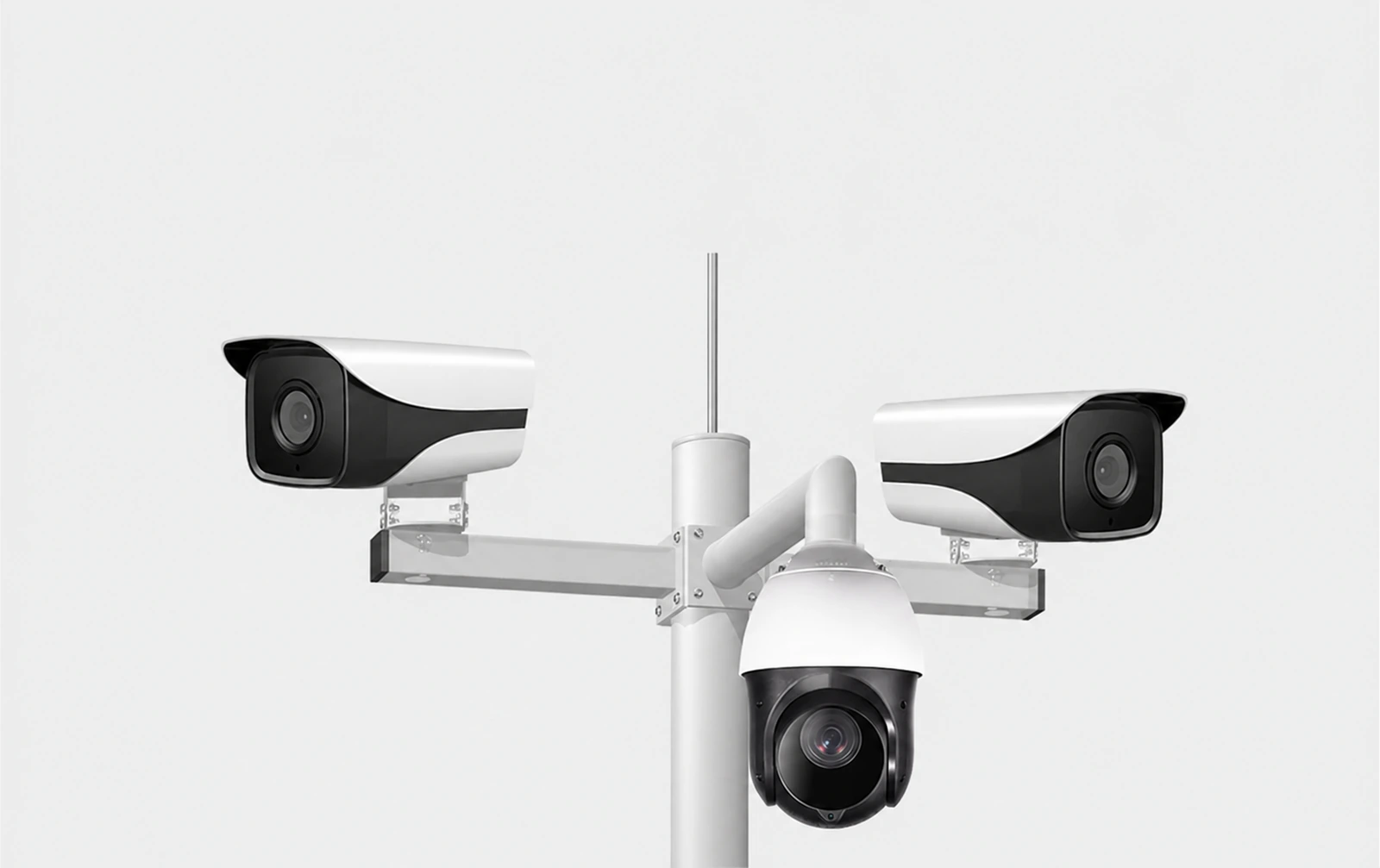 Four-sided mounting arms supporting two bullet cameras and a PTZ camera