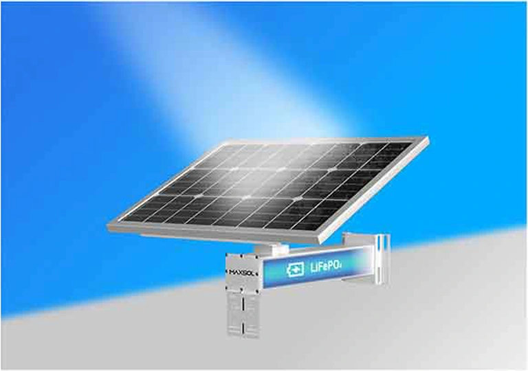 Solar panel and LiFePO4 battery system in bright daylight